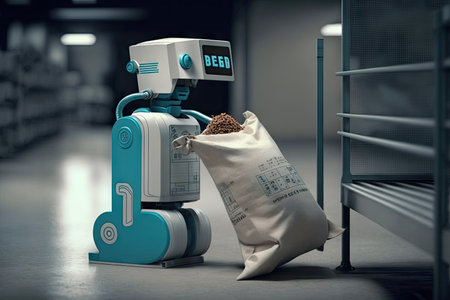 robot bagging groceries and scanning them into the bag, created with generative aiの素材