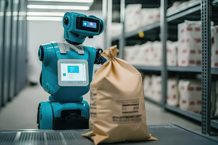 robot bagging groceries and scanning them into the bag, created with generative aiの素材
