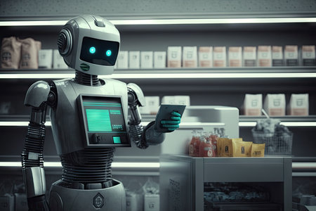 person, paying with smartphone and robot bagging groceries in futuristic supermarket, created with generative aiの素材