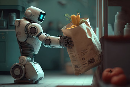 robotic arm loading groceries into bag, as person checks out, created with generative aiの素材