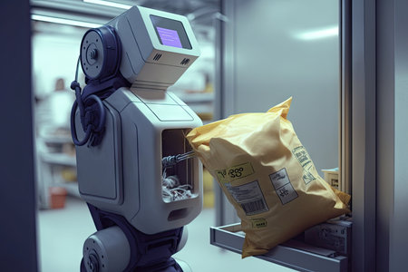 robotic arm loading groceries into bag, as person checks out, created with generative aiの素材
