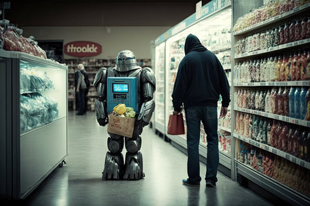 person, checking out their groceries, with android robot bringing up the rear, created with generative aiの素材