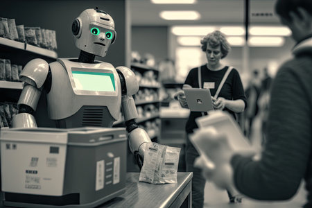 person, finishing their transaction at checkout, with android robot and bag of groceries in the background, created with generative aiの素材