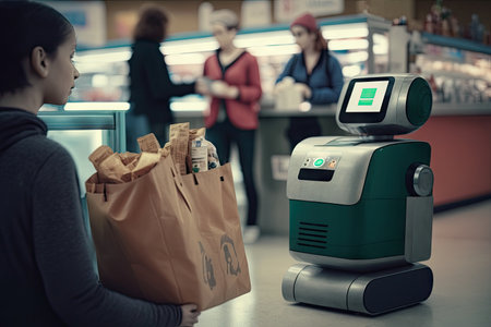 person, finishing their transaction at checkout, with android robot and bag of groceries in the background, created with generative aiの素材