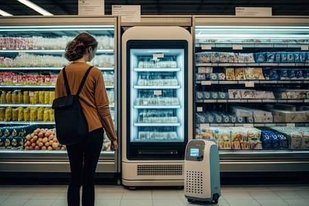 person, checking out with robotic helper, at futuristic grocery store, created with generative aiの素材