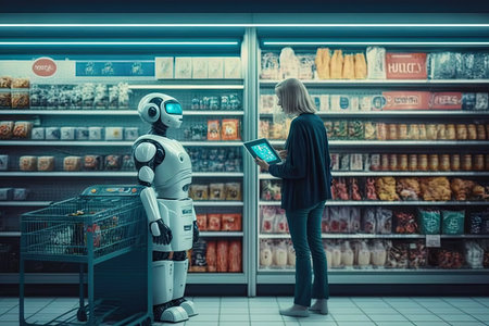 person, checking out with robotic helper, at futuristic grocery store, created with generative aiの素材