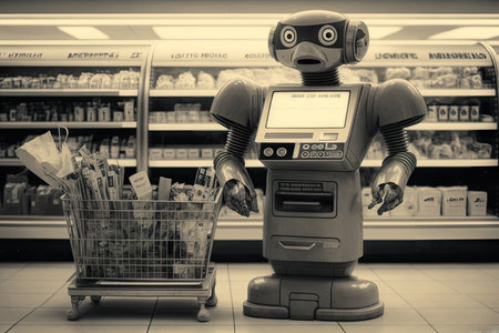 parody of typical grocery store checkout, with android robot scanning items and bagging groceries, created with generative aiの素材