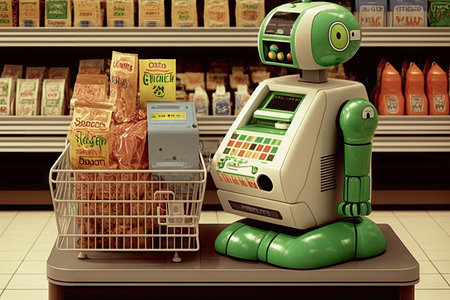 parody of typical grocery store checkout, with android robot scanning items and bagging groceries, created with generative aiの素材