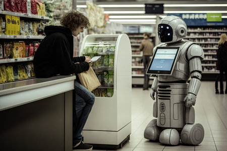 person, paying for groceries with android robot at the checkout, created with generative aiの素材