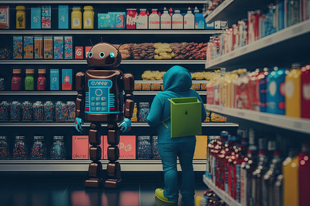 person, checking out items in a store, with android robot standing nearby, created with generative aiの素材