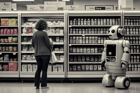 person, checking out their items at the supermarket, with android robot keeping watch, created with generative aiの素材