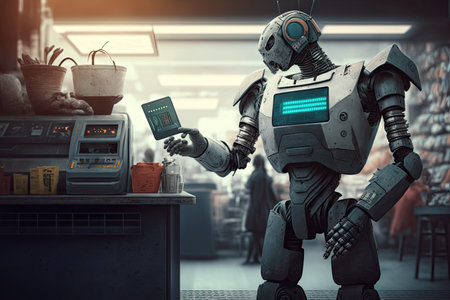 sci-fi future, with android robot paying for purchase using contactless payment, created with generative aiの素材