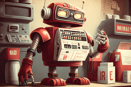 retro-inspired robot, with classic red and white arial font, counting money at the checkout, created with generative aiの素材