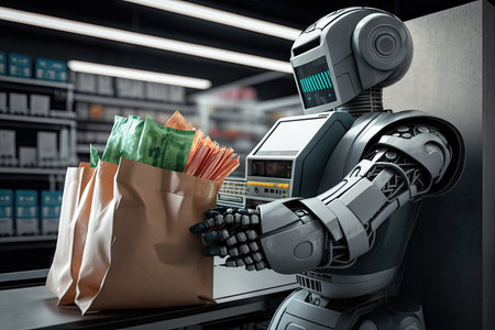 robotic hand handing cashier bag of groceries, created with generative aiの素材