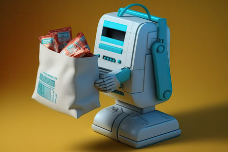 robotic hand handing cashier bag of groceries, created with generative aiの素材