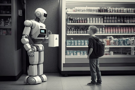 person, with robot assistant and grocery bag in tow, checking out of busy convenience store, created with generative aiの素材