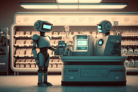 person, robot, and checkout register in futuristic grocery store, created with generative aiの素材