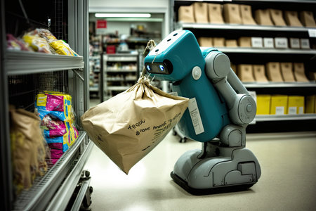 robotic arm with bag of groceries ready to check out at the grocery store, created with generative aiの素材