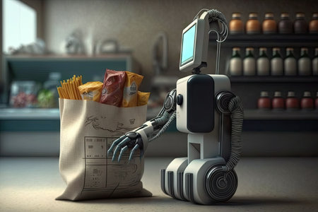 robotic arm with bag of groceries ready to check out at the grocery store, created with generative aiの素材