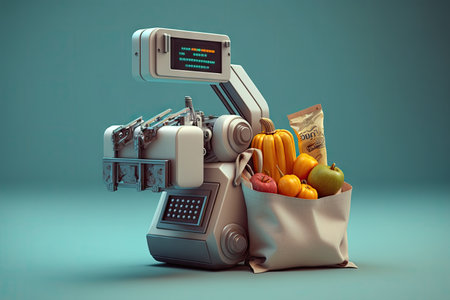robotic arm with bag of groceries ready to check out at the grocery store, created with generative aiの素材