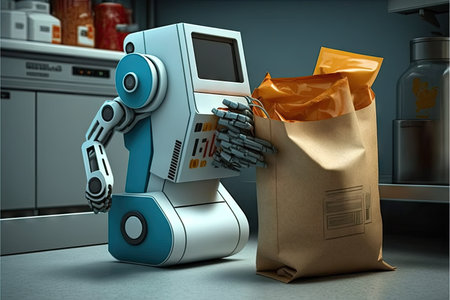 robotic arm with bag of groceries ready to check out at the grocery store, created with generative aiの素材