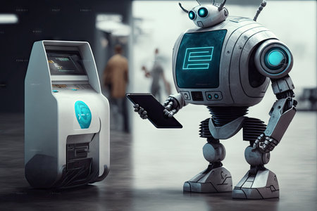 person, paying with contactless payment method at futuristic checkout, with android robot in the background, created with generative aiの素材