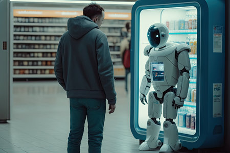 person, checking out with sleek and futuristic android robot at the supermarket, created with generative aiの素材