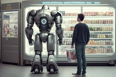 person, checking out with sleek and futuristic android robot at the supermarket, created with generative aiの素材