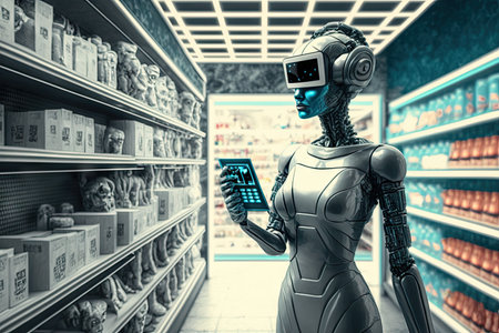 person, robot, and virtual reality headset standing in checkout line of futuristic grocery store, created with generative aiの素材