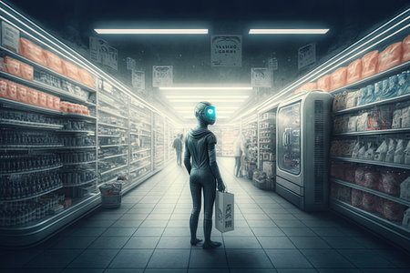 person, robot, and virtual reality headset standing in checkout line of futuristic grocery store, created with generative aiの素材
