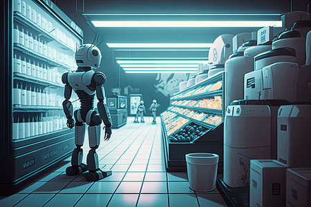 view of futuristic supermarket, with robots picking out ingredients for the perfect meal, created with generative aiの素材