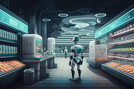 view of futuristic supermarket, with robots picking out ingredients for the perfect meal, created with generative aiの素材