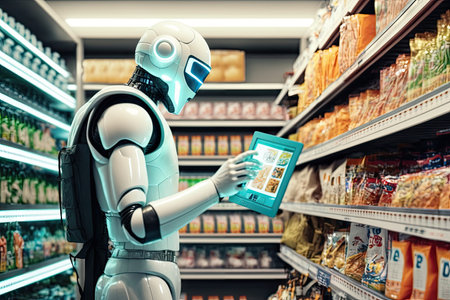 person, using robotic arm to shop for variety of different items, created with generative aiの素材