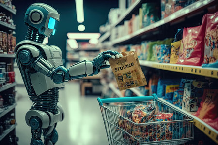 person, using robotic arm to shop for variety of different items, created with generative aiの素材