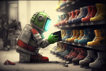 android robot picking out new pair of shoes for its collection, created with generative aiの素材