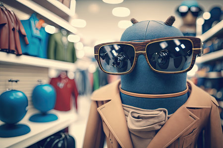android robot trying on different fashionable glasses in store, created with generative aiの素材
