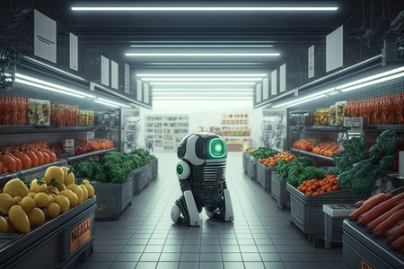 a futuristic supermarket, with sleek and stylish robots shopping for the freshest produce, created with generative aiの素材