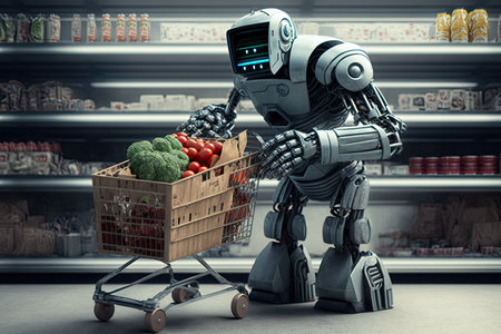 robot with basket full of groceries in the supermarket, created with generative aiの素材