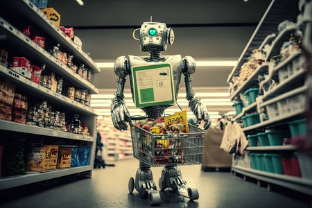robot with basket full of groceries in the supermarket, created with generative aiの素材