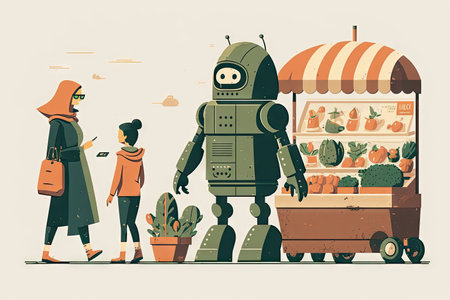 person, shopping at farmers market with android robot, created with generative ai