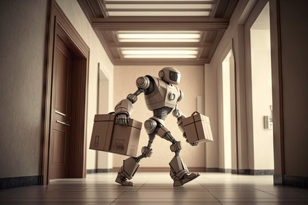 robot carrying bags of groceries and walking through modern apartment building, created with generative aiの素材