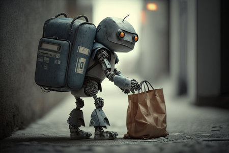 robot carrying bag of groceries, ready to return home, created with generative aiの素材