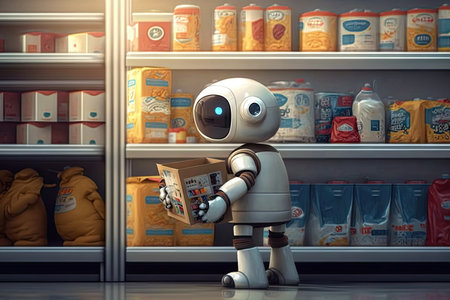 robot, browsing shelves of modern store, picking out items for purchase, created with generative aiの素材