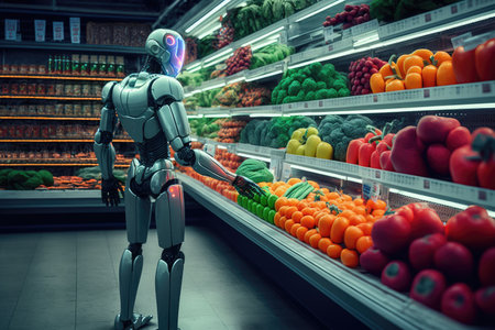 robot in grocery store, selecting fresh fruits and vegetables, created with generative aiの素材