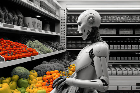 robot in grocery store, selecting fresh fruits and vegetables, created with generative aiの素材