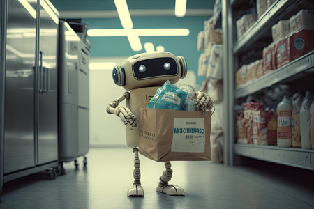 robot with bag of groceries exiting supermarket, created with generative aiの素材