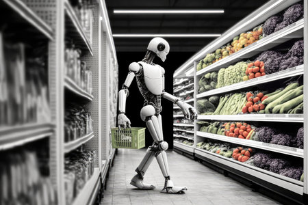 robot, perusing aisle of the grocery store, picking out fresh ingredients for dinner, created with generative aiの素材