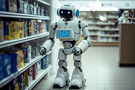 robot, using smartphone to shop for new parts at electronics store, created with generative aiの素材