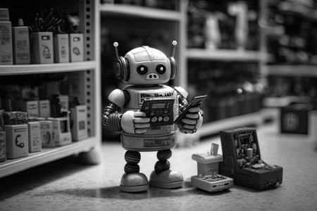 robot, using smartphone to shop for new parts at electronics store, created with generative aiの素材