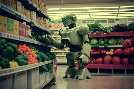 robot, inspecting variety of produce in grocery store, created with generative aiの素材